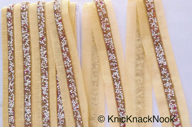 Beige Fabric Trim With Copper, Gold And White Beads Embellishments, Beaded Trim
